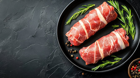 This striking overhead image showcases raw saltimbocca wrapped in meat and fresh herbs, perfect for culinary inspiration or food presentation.の素材