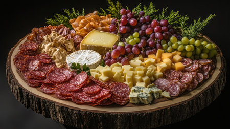 A stunning charcuterie arrangement featuring an array of cheeses, salami, and fresh grapes, beautifully displayed on a wooden board for an elegant presentation.の素材