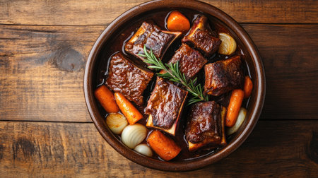 This delightful beef ribs bourguignon showcases tender meat and colorful vegetables, capturing the essence of rustic home cooking and comfort food.の素材