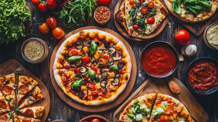 Discover a stunning top view of diverse and fresh pizzas, beautifully arranged with vibrant ingredients, perfect for meal inspiration and culinary delight.の素材