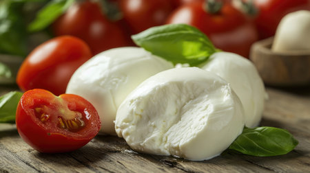 Fresh mozzarella served with ripe tomatoes and fragrant basil on a rustic wooden table, perfect for cooking, salads, and vibrant summer dishes.の素材