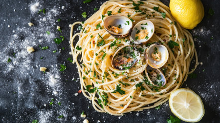 A visually appealing flat lay of spaghetti with clams, garnished with fresh parsley and lemon. Perfect for showcasing seafood cuisine or Italian recipes.の素材