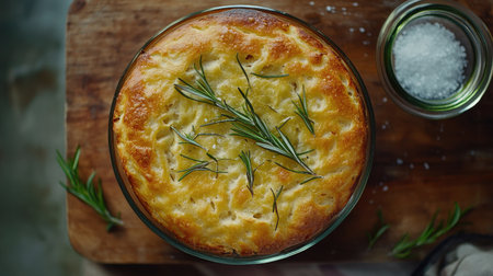 A top view of freshly baked focaccia bread adorned with rosemary, showcasing a golden crust and inviting texture. Perfect for any meal.の素材