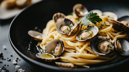 An elegant bowl of spaghetti alle vongole featuring fresh clams and herbs, showcasing a modern culinary presentation perfect for gourmet dining.の素材