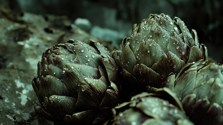 Discover the beauty of freshly harvested artichokes adorned with dew drops. This stunning close-up captures the rich textures and colors of nature's bounty.の素材