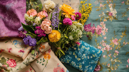 A beautiful arrangement of vibrant flowers on an artistic textile backdrop, showcasing a blend of colors and textures, perfect for floral inspiration or decor.の素材