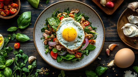 A vibrant stir-fried basil dish featuring fresh ingredients, topped with a perfectly cooked egg, ideal for healthy meals or gourmet breakfast options.の素材