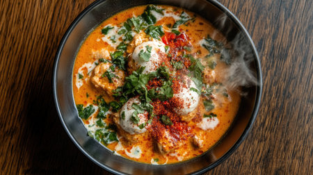 A steaming bowl of chicken in a rich, spicy sauce, garnished with fresh herbs. Perfect for a cozy meal, this dish blends vibrant flavors and aromas.の素材