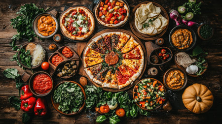 A stunning top view of a delicious array of homemade pizzas surrounded by fresh ingredients and colorful vegetables, perfect for any culinary occasion.の素材