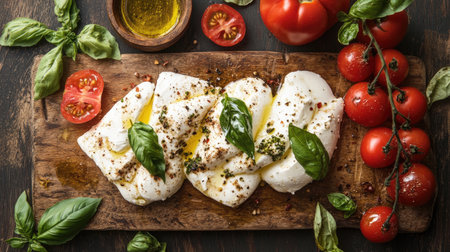 A beautiful arrangement of fresh mozzarella cheese with ripe tomatoes and basil leaves on a rustic wooden board, drizzled with olive oil, perfect for a healthy, gourmet dish.の素材