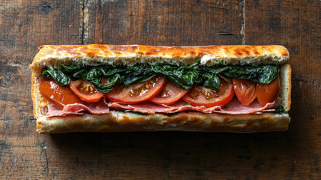 A delectable focaccia sandwich showcasing fresh tomatoes and spinach. Perfect for lunch or a picnic, this rustic meal highlights vibrant colors and flavors.の素材