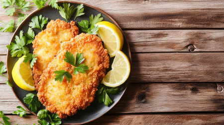Enjoy a mouthwatering view of Cotoletta alla Milanese served with fresh lemon and parsley. This classic Italian dish is perfect for any meal.の素材
