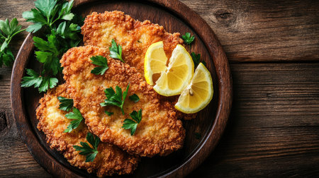 A visually appealing presentation of Cotoletta alla Milanese, a classic Italian dish, served with lemon slices and fresh parsley on a rustic wooden plate. Perfect for food lovers!の素材
