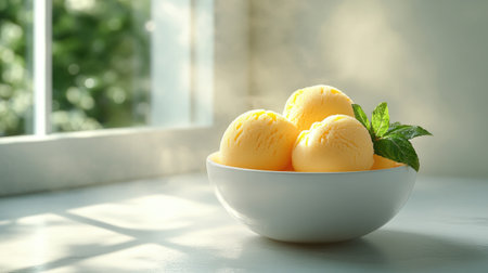 A bowl of fresh yellow ice cream scoops garnished with mint leaves, beautifully illuminated by sunlight. Perfect for summer desserts or sweet indulgence.の素材