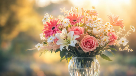 A beautiful vibrant floral arrangement featuring pink roses, white lilies, and cheerful daisies, illuminated by warm sunlight, perfect for any occasion.の素材