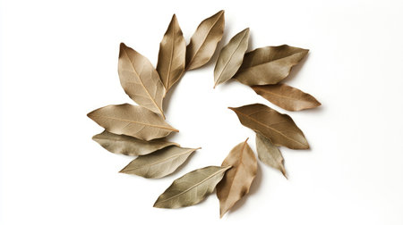 A captivating circular arrangement of dried leaves on a clean white background, highlighting natural textures and earthy tones in a minimalist style.の素材