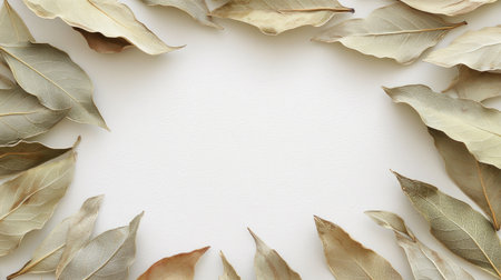 A beautiful arrangement of dried bay leaves against a light background, perfect for culinary themes or natural decorations in photography.の素材