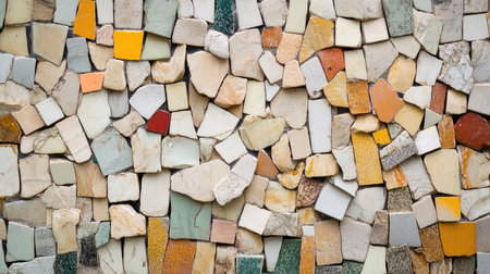 A vibrant and artistic mosaic pattern showcasing an array of colorful stones and tiles. This unique design adds character to any wall or surface.の素材