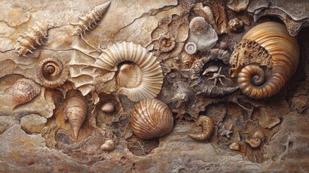 A stunning close-up of various shells and fossils showcasing intricate details and natural textures. Perfect for nature and marine-themed projects.の素材