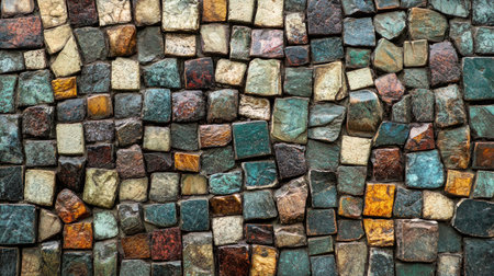 A vibrant and textured mosaic stone wall composed of various colored stones. Perfect for backgrounds, design projects, and decorative themes.の素材
