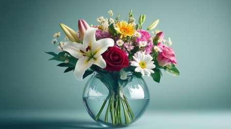 A stunning floral arrangement featuring lilies, roses, and daisies in a clear vase. Perfect for home decor, gifts, or celebrations, this beautiful display brings a touch of nature's elegance indoors.の素材