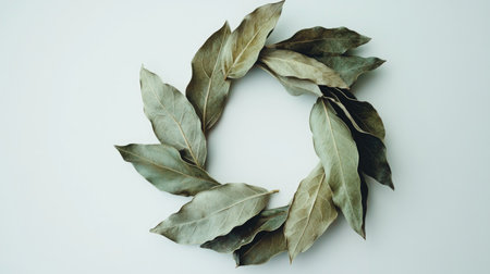 A beautiful arrangement of dried bay leaves forming a wreath, showcasing natural beauty and simplicity. Perfect for kitchen decor or seasonal displays.の素材