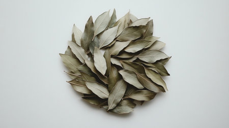 A beautifully arranged circle of dried bay leaves on a clean white background, showcasing their natural texture and color for culinary and decorative purposes.の素材