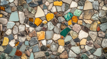 A detailed and colorful mosaic wall made of various stones, showcasing an array of textures and shades. Perfect for backgrounds or decorative elements.の素材