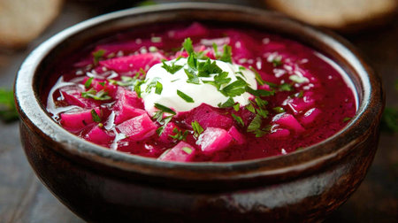 A vibrant bowl of fresh beetroot soup topped with cream and herbs. Perfect for a healthy meal, this colorful dish offers a warm and comforting experience.の素材