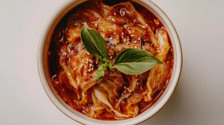 A vibrant bowl of fresh Asian cabbage dish, featuring spicy sauce and garnished with basil leaves, perfect for a healthy and flavorful meal.の素材