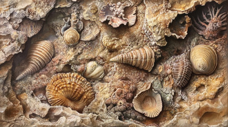 A stunning collection of ocean shells and fossils, showcasing a variety of textures and colors. Perfect for nature enthusiasts and artistic displays.の素材