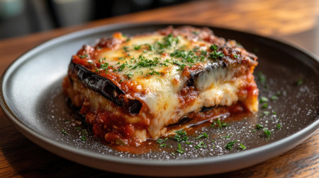 A tempting slice of melanzane alla parmigiana beautifully served on a plate. This classic Italian dish combines layers of baked eggplant, rich tomato sauce, and melted cheese, creating a hearty meal. Perfect for food lovers.の素材