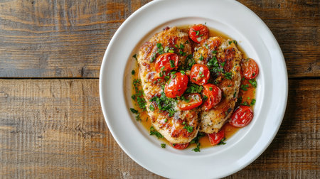 A beautifully presented Cotoletta alla Milanese, garnished with fresh tomatoes and herbs, served on a white plate against a rustic wooden background. Perfect for showcasing Italian cuisine.の素材