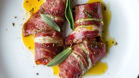 Beautiful overhead shot of a beef saltimbocca dish, showcasing tender meat wrapped with herbs, served with a drizzle of oil. Perfect for culinary inspiration.の素材