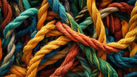 A vibrant close-up image of colorful twisted ropes creating a chaotic yet artistic pattern, showcasing various textures and fibers in vivid shades.の素材
