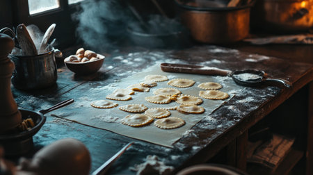 A rustic kitchen scene showing the preparation of ravioli, featuring a wooden table dusted with flour and kitchen tools. The warm ambiance creates a cozy atmosphere for cooking.の素材