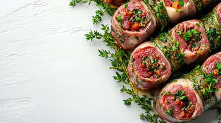 Discover a delightful presentation of saltimbocca alla Romana, featuring fresh herbs and a gourmet touch, perfect for culinary enthusiasts and food lovers.の素材