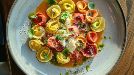 A stunning top view of a beautifully arranged plate of colorful pasta garnished with fresh basil and cheese, perfect for showcasing culinary artistry.の素材