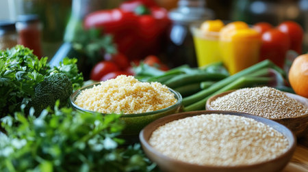 A vibrant display of fresh vegetables and whole grains on a rustic table, ideal for healthy cooking and meal preparation. Perfect for food-related projects.の素材