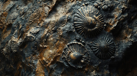 Close-up view of fossil imprints on a rough rock surface, showcasing intricate natural designs highlighting the beauty of geological history and ancient life.の素材