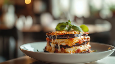 A beautifully presented serving of melanzane alla parmigiana, showcasing layers of eggplant, cheese, and sauce, perfect for any Italian meal or gathering.の素材