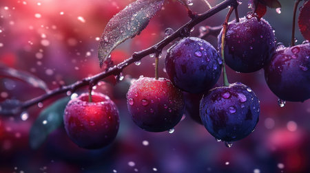 A close-up view of fresh plums with dewdrops resting on a branch, set against a vibrant and colorful background. This image captures the beauty of nature and seasonal harvest.の素材