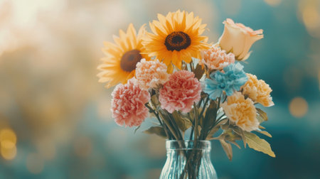 A vibrant floral arrangement showcasing sunflowers, roses, and carnations in a glass vase. Perfect for adding a touch of color and nature to any space.の素材