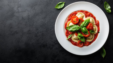A top view of delicious ravioli covered in rich tomato sauce, garnished with fresh basil leaves, showcasing a vibrant and appetizing presentation.の素材