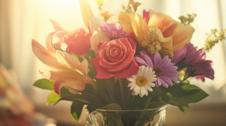 A beautiful bouquet of colorful flowers featuring roses, lilies, and daisies, arranged elegantly in a vase, illuminated by soft sunlight, creating a serene atmosphere.の素材