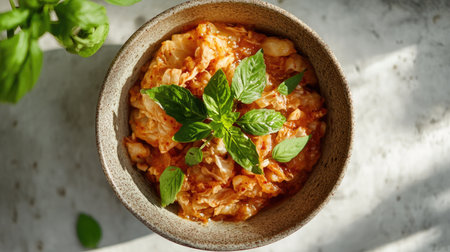 A vibrant bowl of fresh cabbage dish garnished with herbs, showcasing a delicious meal that highlights natural ingredients and wholesome flavors.の素材