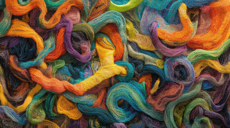 A vibrant and colorful abstract arrangement of yarn showcasing intricate textures and patterns. Perfect for creative projects focusing on craft.の素材