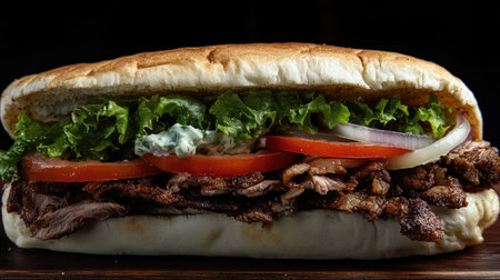 A mouthwatering beef sandwich featuring fresh lettuce, ripe tomato, and crispy onion, nestled in a soft bread roll, perfect for any meal or snack.の素材