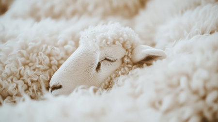 A serene image of a sheep nestled in soft, fluffy wool, showcasing the warmth and tranquility of rural life. Perfect for showcasing peaceful farm scenes.の素材