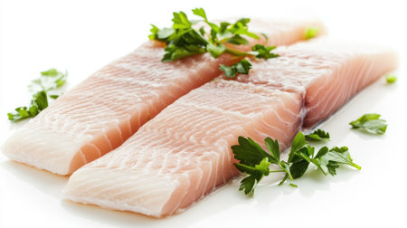 Fresh fish fillets garnished with green herbs provide a clean and appetizing presentation, perfect for culinary uses, recipes, or healthy meal options.の素材